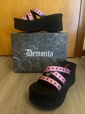 Demonia Pink Holographic Platform Sandals